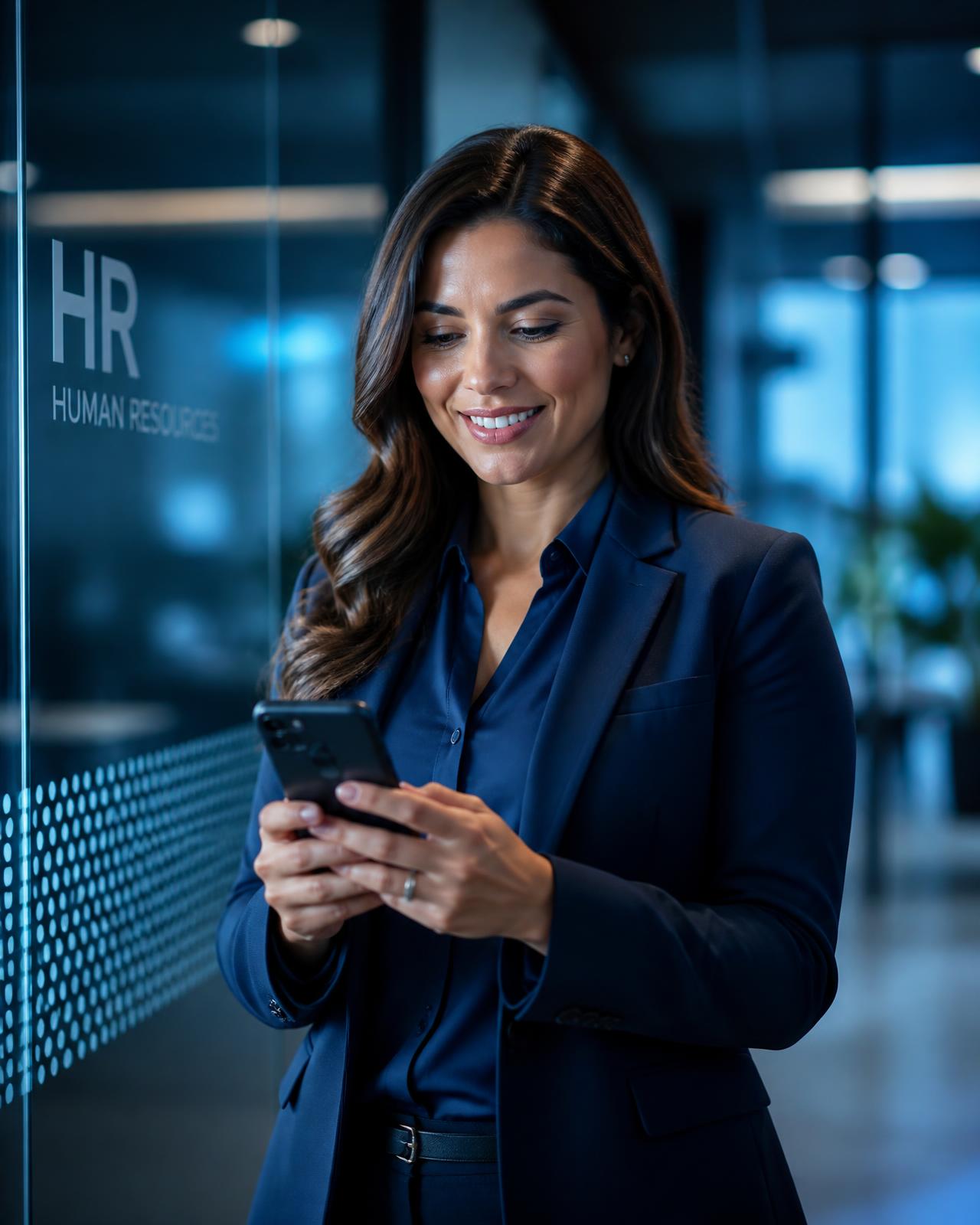 Gerente de Recursos Humanos revisando candidatos de RecrutDash desde su teléfono en una oficina corporativa